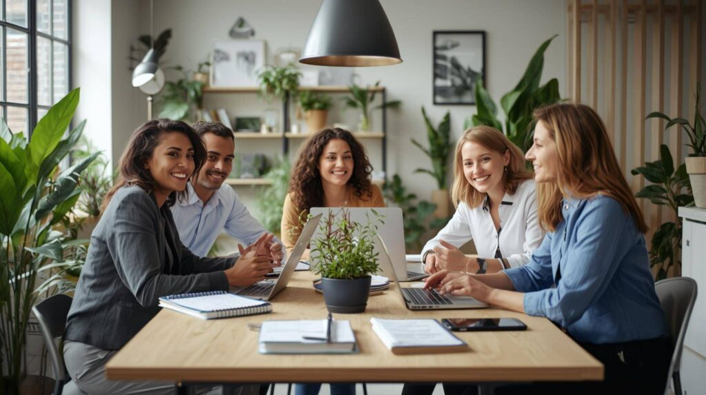 Contentmakers en marketeers werken samen aan blogs in een moderne werkomgeving met planten en blauwe accenten.