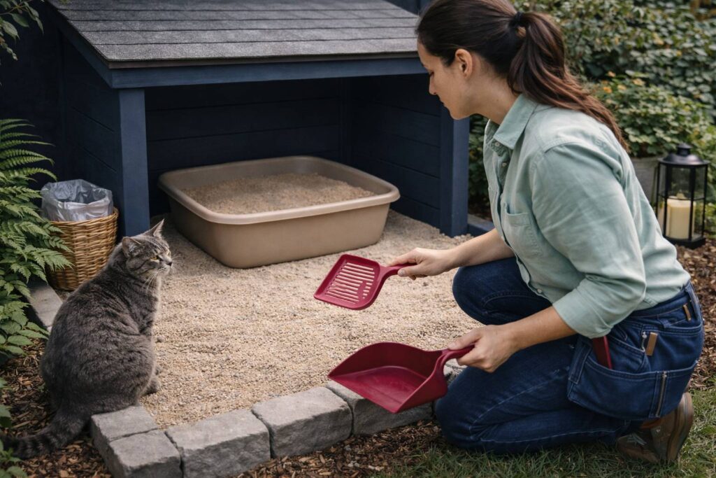 Katteneigenaar controleert de buitenplaats voor kattenbakvulling.